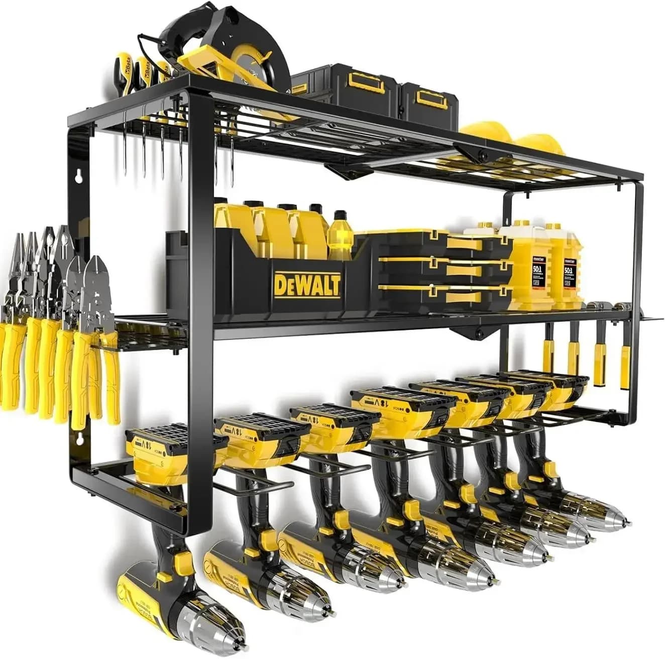 Heavy Duty Metal Power Tool Organizer Wall Mounted Electric Drill Holder with Shelf Garage Workshop Hardware Storage Rack Construction Yard Tool Bracket Shelf