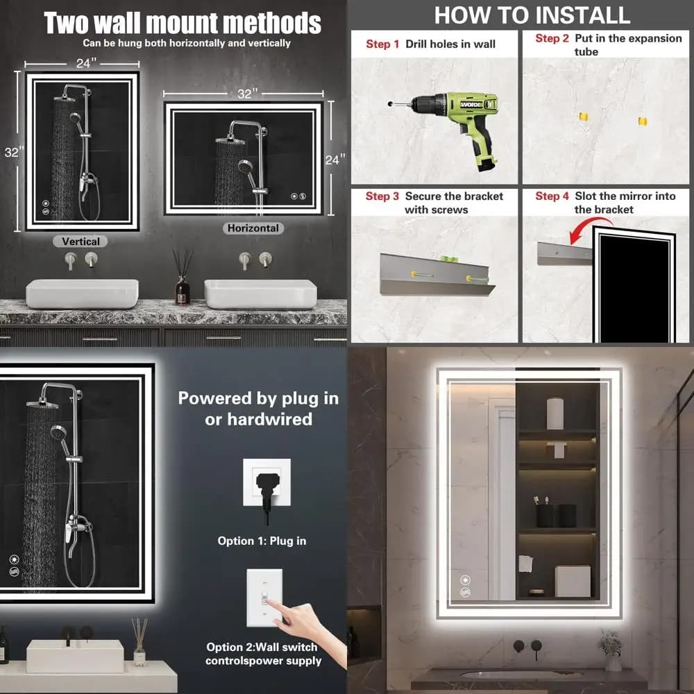 Specchio LED da Bagno a Parete 24 x 32 con Antiappannamento, Dimmerabile con 3 Opzioni di Colore e Memoria Intelligente