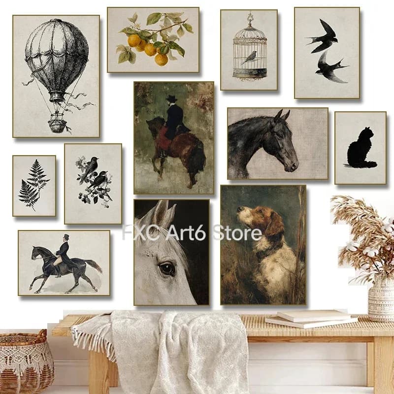 1PCS Frameless Vintage Botanical Flying Bird Rustic Horse Equestrian Rider Hunting Dog Poster Canvas Painting Print Wall Art Pic