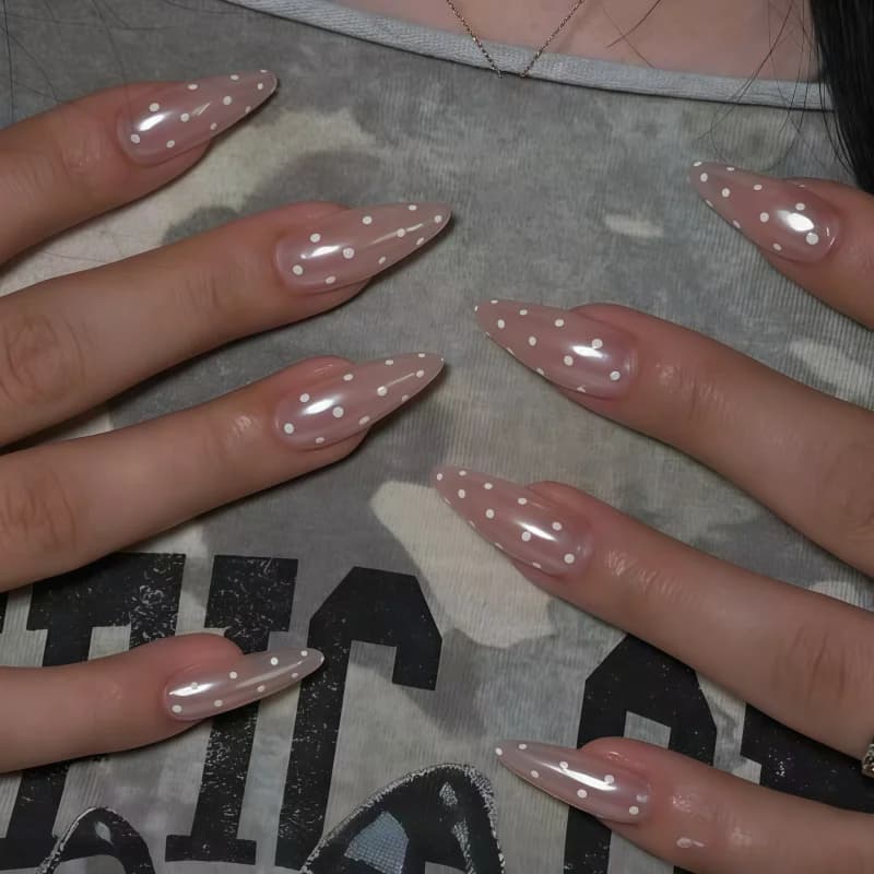 24PCS Classic minimalist long-pointed artificial nails transparent nude base gel hand-painted white dots with a glossy finish