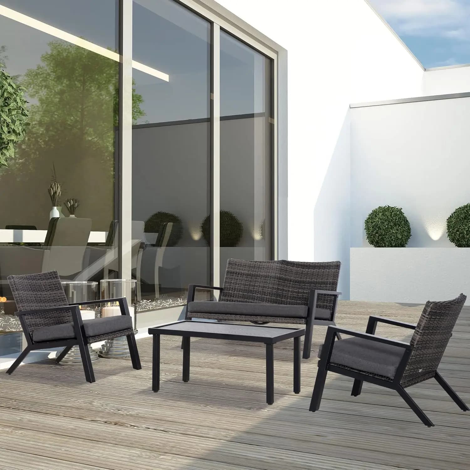 Set di Mobili da Giardino in 4 Pezzi, 2 Sedie in Vimini PE, Divanetto, Tavolino da Esterno, Cuscini Morbidi, Divano e Personalizzabile