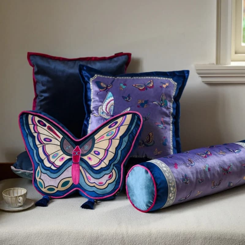 Luxury Chinoiserie Butterfly Throw Pillow Cover Purple Blue Velvet Embroidered Cushion Cases Whimsical Decorative Bolster Pillow