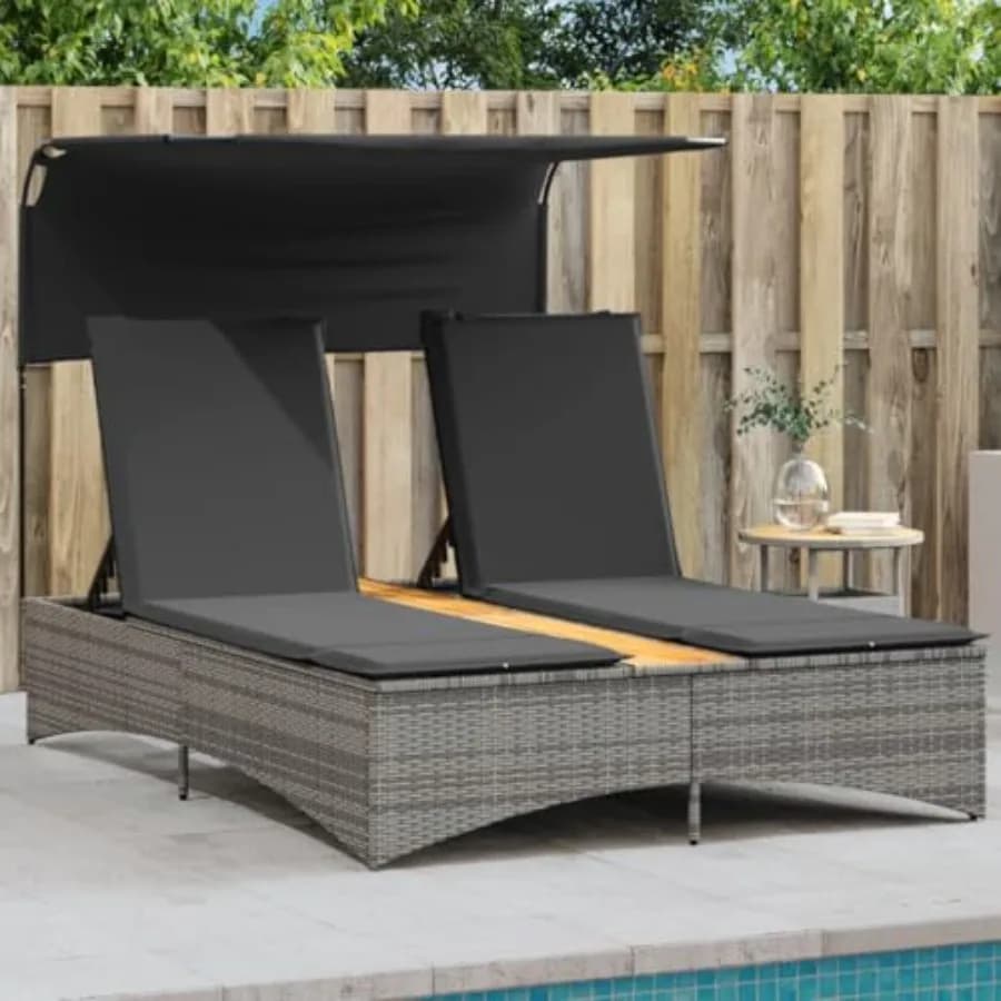 Lettino Doppio da Giardino Grigio con Schienale Regolabile e Sedili Imbottiti, Sedia Lounge da Esterno in Polyrattan Sintetico con Protezione UV-R