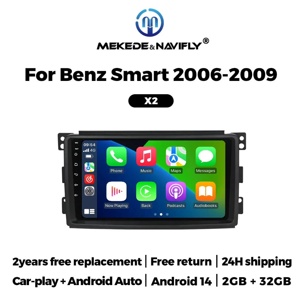 NaviFly 2Din Android 14 Autoradio Stereo Multimedia Video GPS Navigation BT For Mercedes Benz Smart Fortwo 451 2006-2009