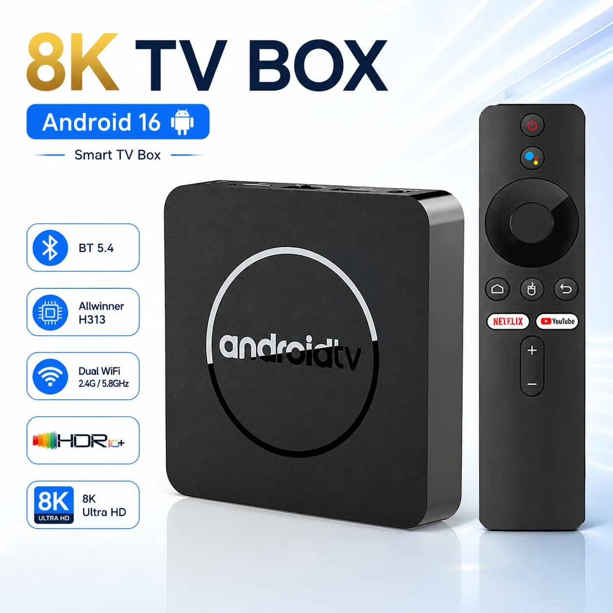 Box TV Smart 4K Android 16, Lettore Multimediale HD, WiFi, Bluetooth, IPTV, Set-Top Box con Telecomando Vocale, Supporto per YouTube, Netflix, Giochi