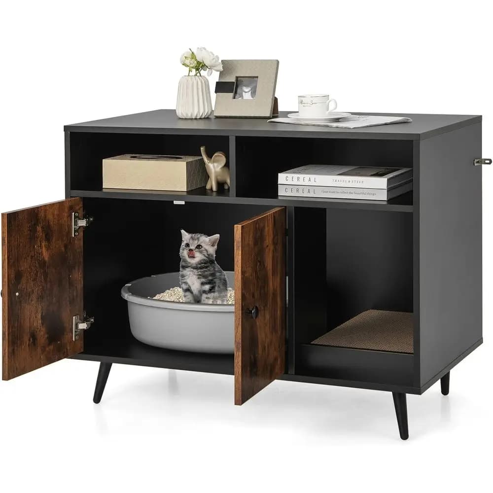 Mobiletto Lettiera per Gatti in Legno con Contenitore, Tiragraffi, Ingresso a Spirale, Gambe in Metallo, Grande Mobile Nascosto Nero e Rustico B