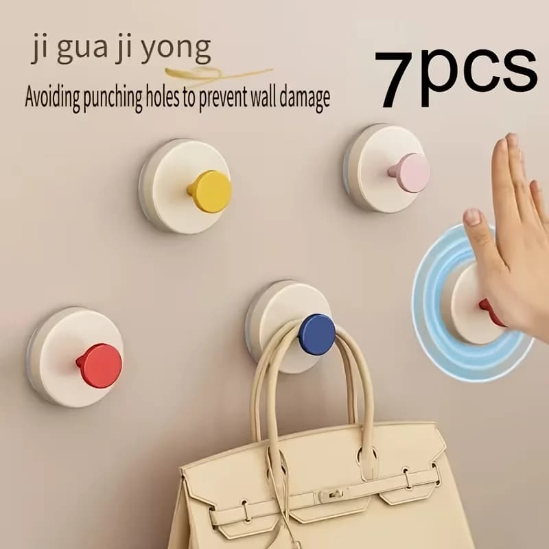 7Pcs Dopamine Colorful Suction Cup Hooks Punch-Free Heavy Load Wall Hangers Removable Plastic Storage Hook Bathroom Kitchen Hous