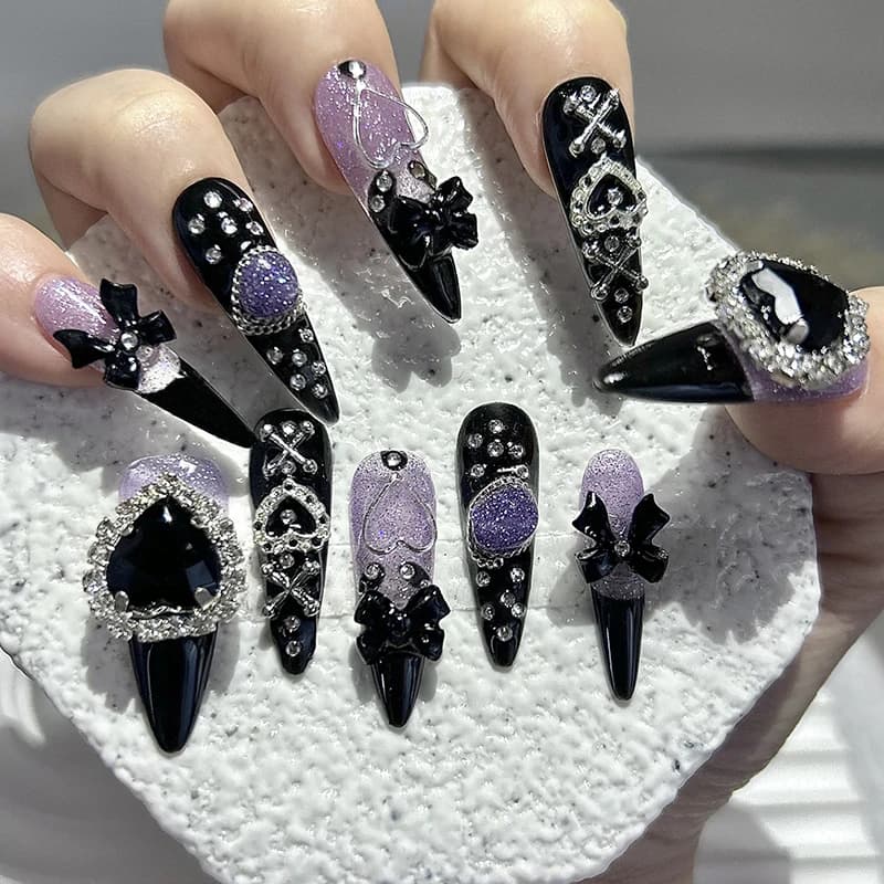 10 pezzi nero viola Y2k spice girls stampa fatta a mano sulle unghie fiocco di lusso cuore diamanti unghie finte rimovibili riutilizzabili