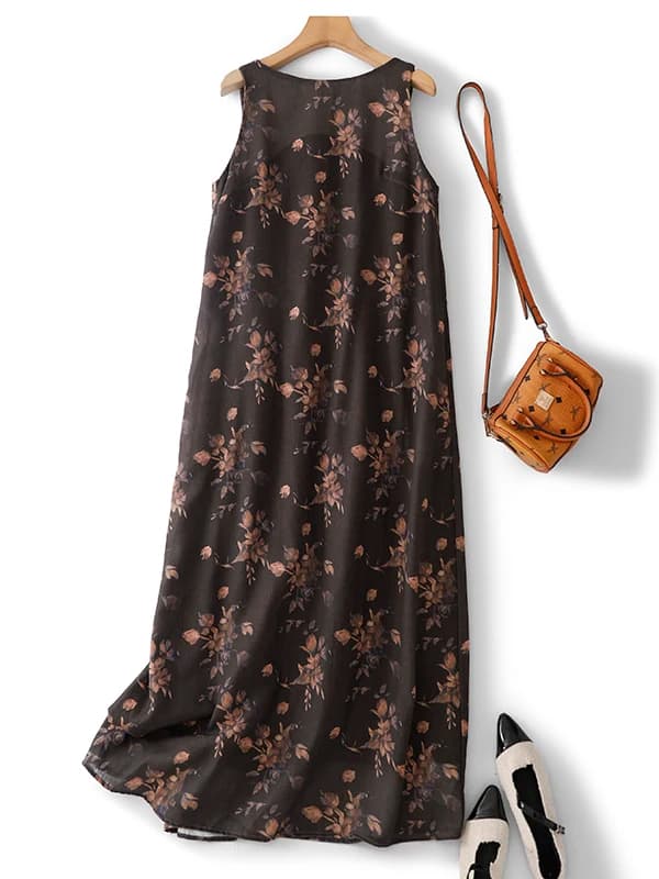 Retro Chinese Print Sleeveless Vest Dress Large Size Women's Summer Loose Backless Holiday Style Cotton Linen One-Piece Dress