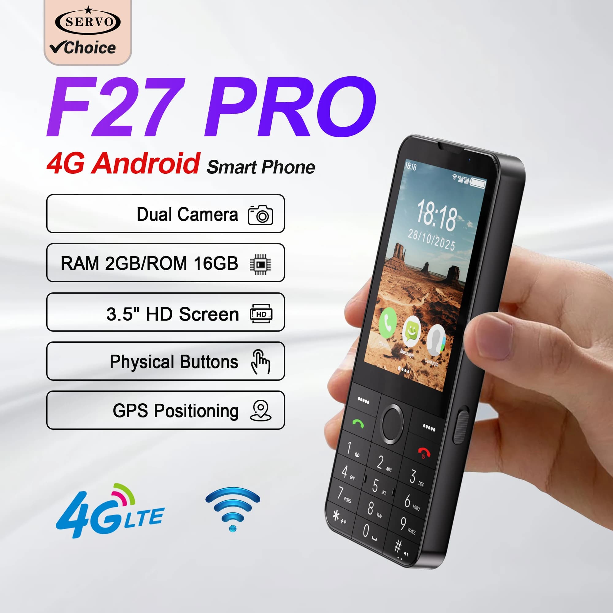 SERVO F27 PRO Smartphone Android con Tasti Fisici, 4G LTE, 2GB+16GB, Play Store, Chiamata Rapida, WiFi, Dual SIM, Schermo Touch da 3.5 Pollici
