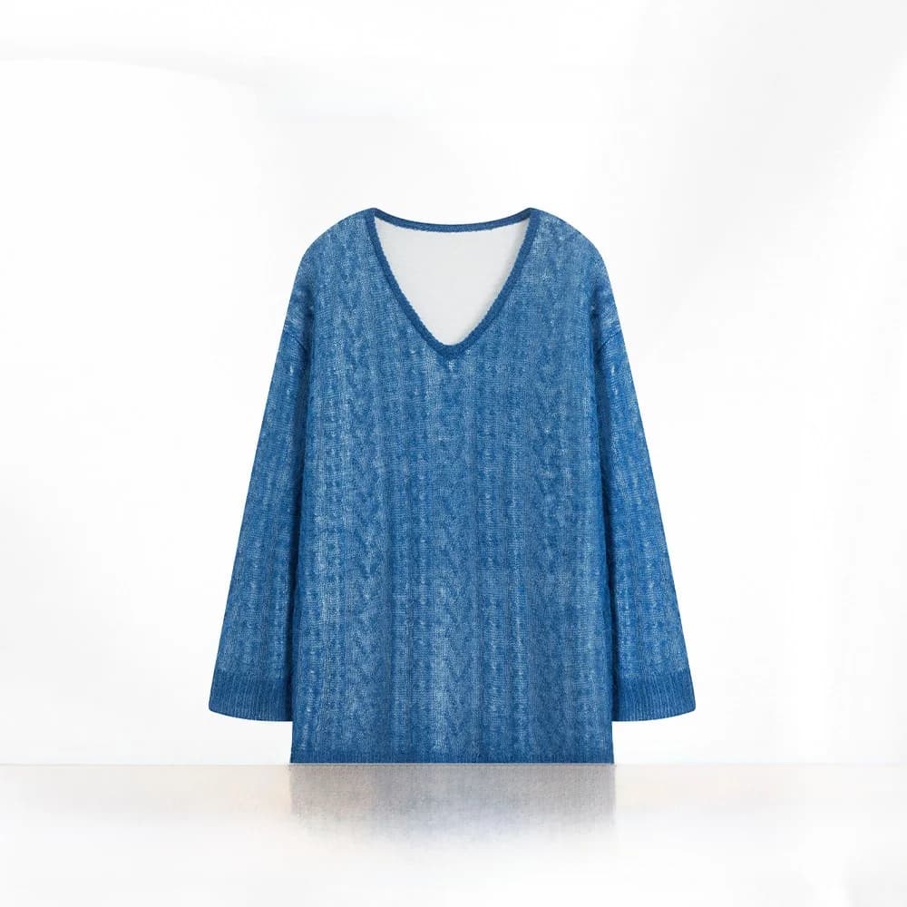 Shadow 625JCCC Denim Weave Pattern Woolen Knitted Hoodie Color Block Fake Two-Piece Long Sleeve round Neck Mid-Length Sweater