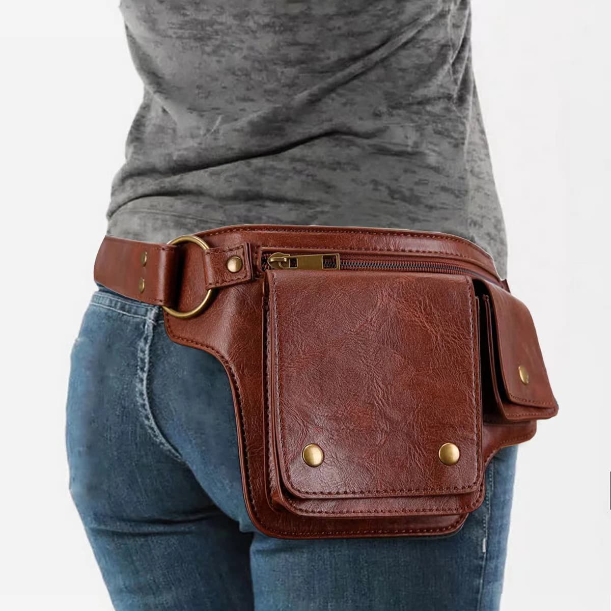 Utility Belt Waist Pack, Multi Compartment Hip Pouch with Snap Button & Zip Closure, Adjustable Strap with Metal Eyelets, Hands Free Storage for Hiking, Camping, Cycling, Road Trips and Outdoor Daily Excursions for Men Women
