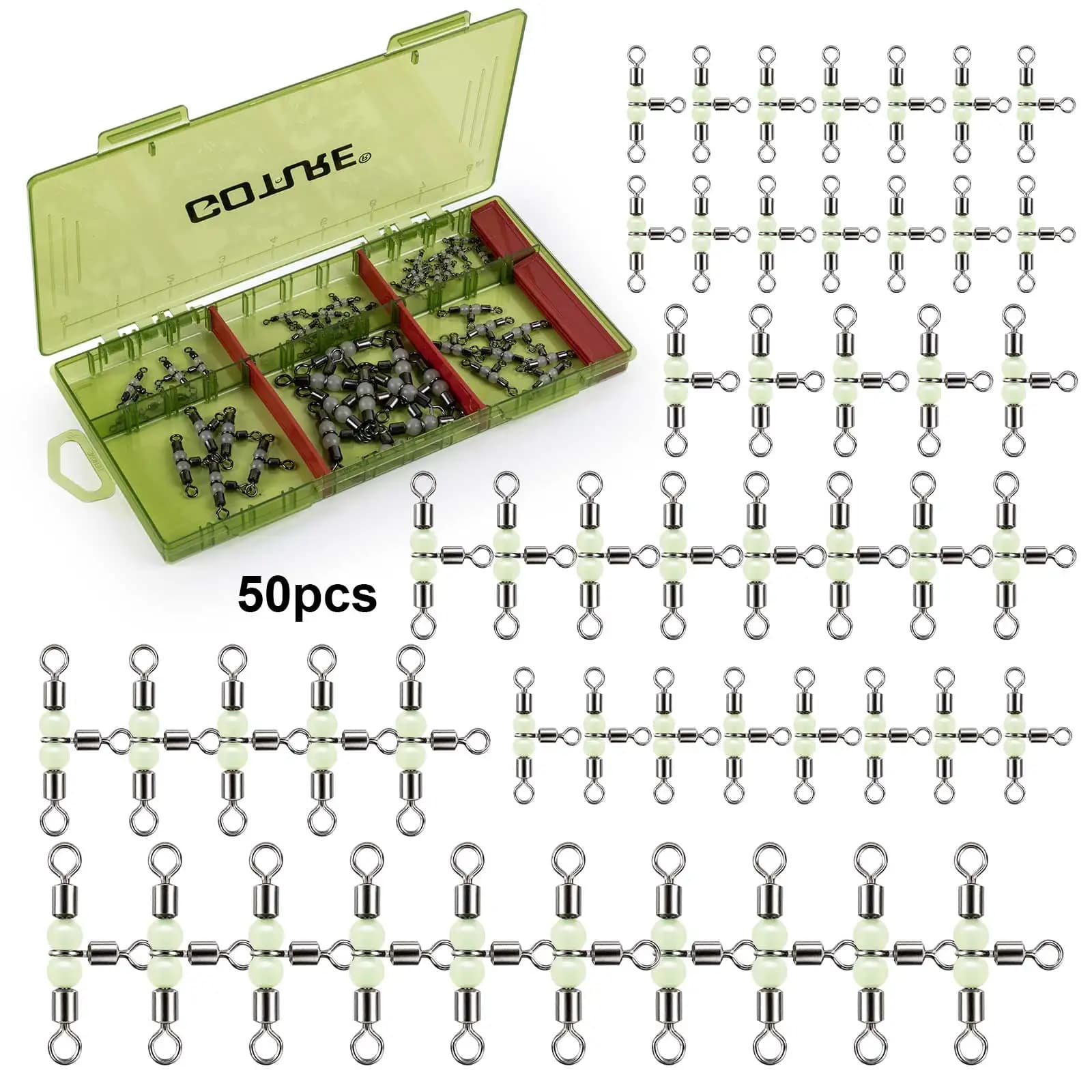 Goture 50Pcs Luminous 3-Way Fishing Swivels with Tackle Box High Strength Rolling Connector for Saltwater Freshwater Fishing
