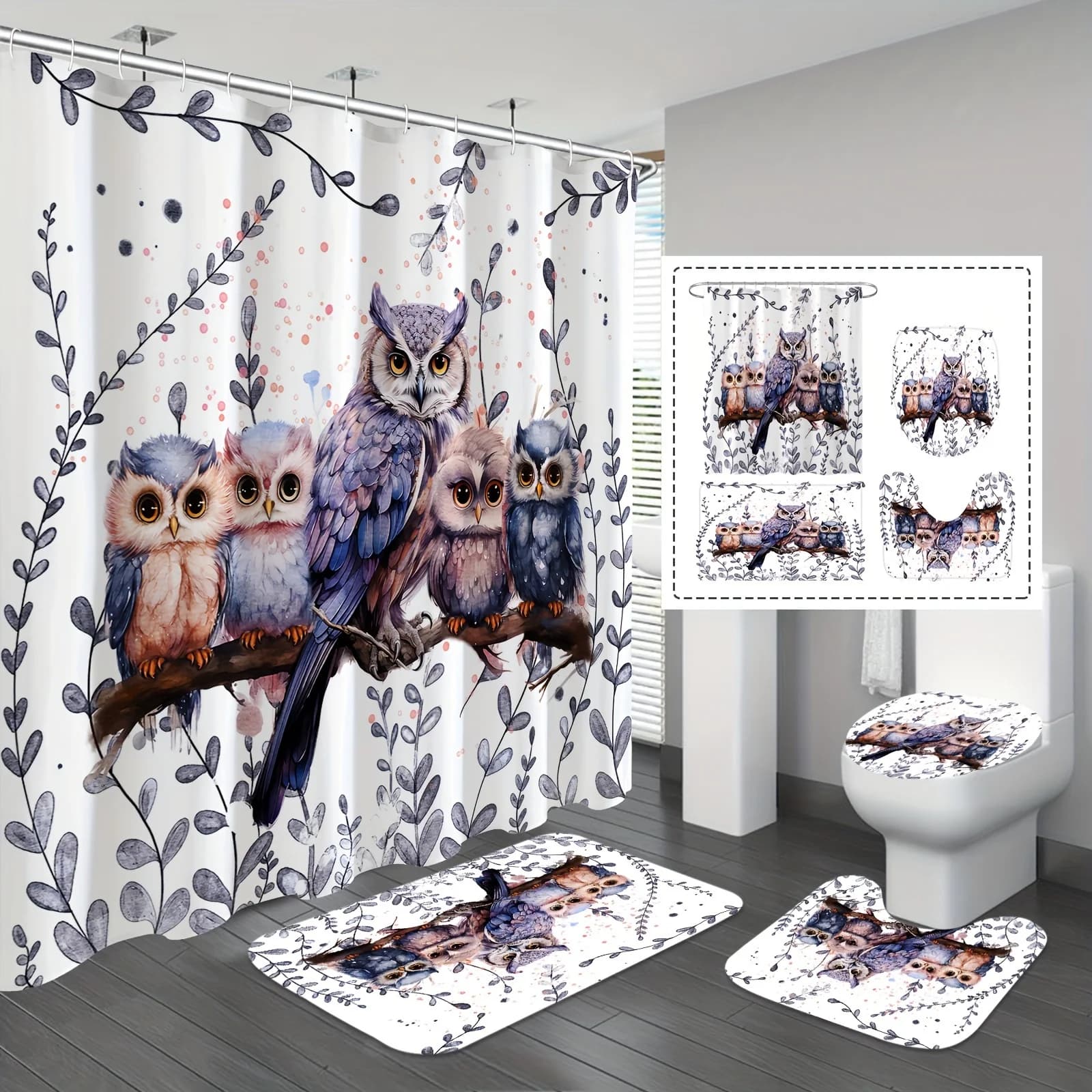 Four-piece bath set with cute owl for the family: adorable waterproof shower curtain for a complete bathroom set