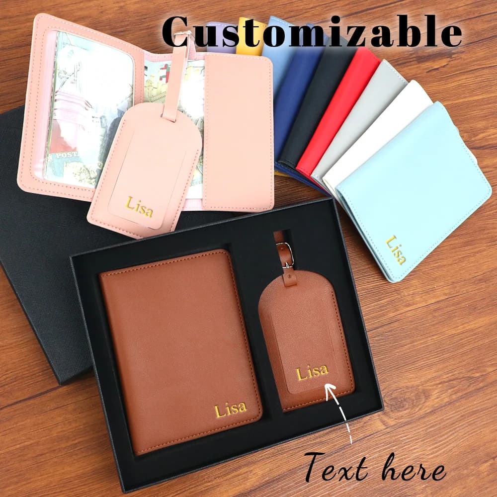 Confezione regalo con nome personalizzato 1 set, porta passaporto unisex in pelle PU e collezione regalo con etichetta per bagagli