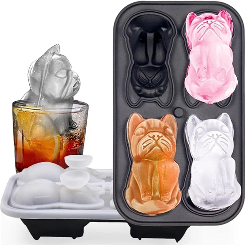 【Superdeals】Vassoio per cubetti di ghiaccio con coperchio - Bulldog francese 3D, stampi per cubetti di ghiaccio da 2 pollici, grandi vassoi per cubetti di ghiaccio in silicone a 4 fori per frusta