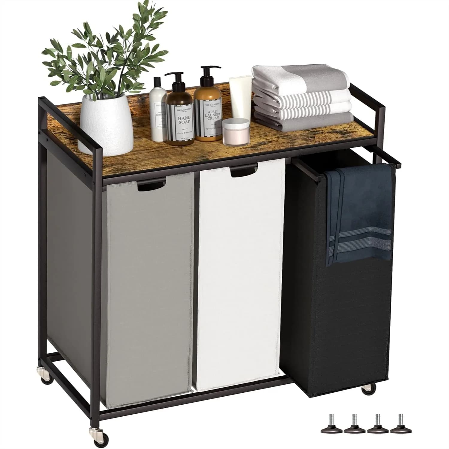 Cesti per Bucato con Ripiano, Organizzatore per Bucato a 3 Scomparti con Sacchi Grandi Rimovibili e Ruote, Struttura in Metallo, 3x15.87