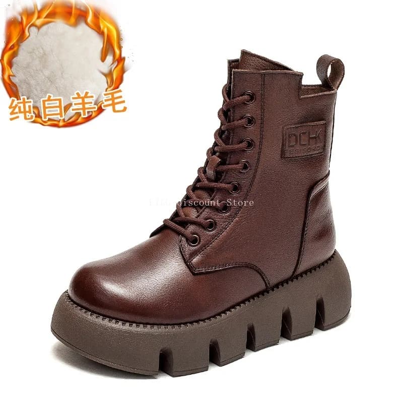 Winter Round Toe Thick Soled Casual Warm Retro Boots ，Ladies' British Trend Boots Genuine Leather Boots，Height Increasing Boots