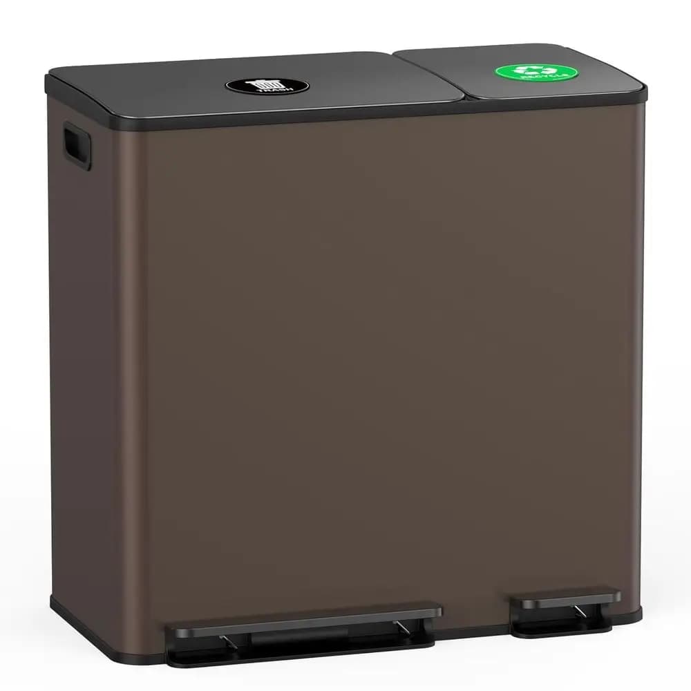 Bidone per Rifiuti e Riciclaggio da Cucina in Acciaio Inox, 13+6 Galloni, con Coperchio a Chiusura Morbida ed Etichette Magnetiche, Marrone