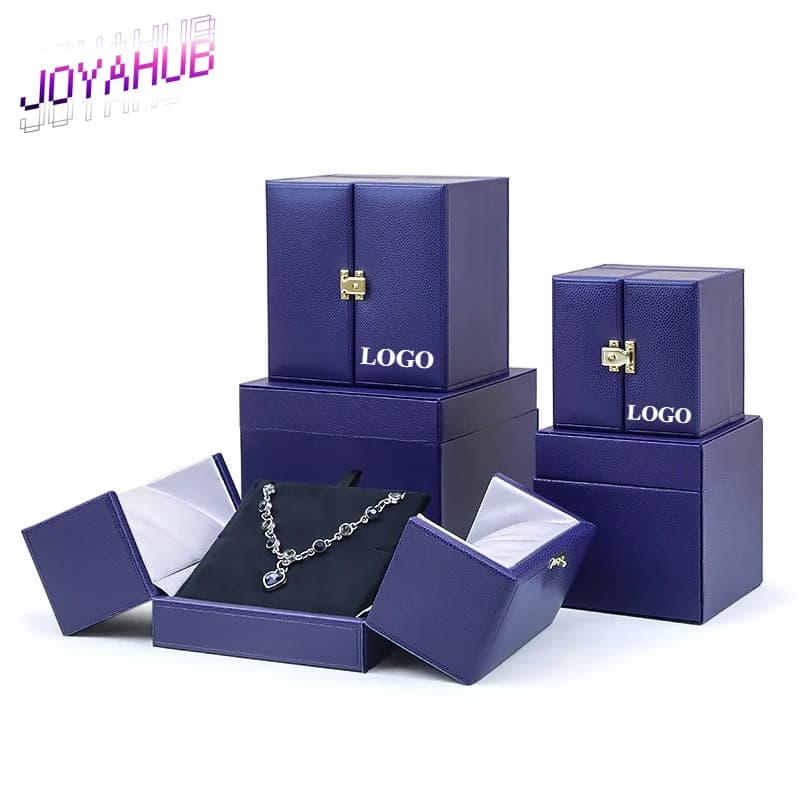 Customizable LOGO Elegant Blue Double Door Jewelry Case Ring Pendant Bracelet Propose Gift Packaging Box Branding Anniversary