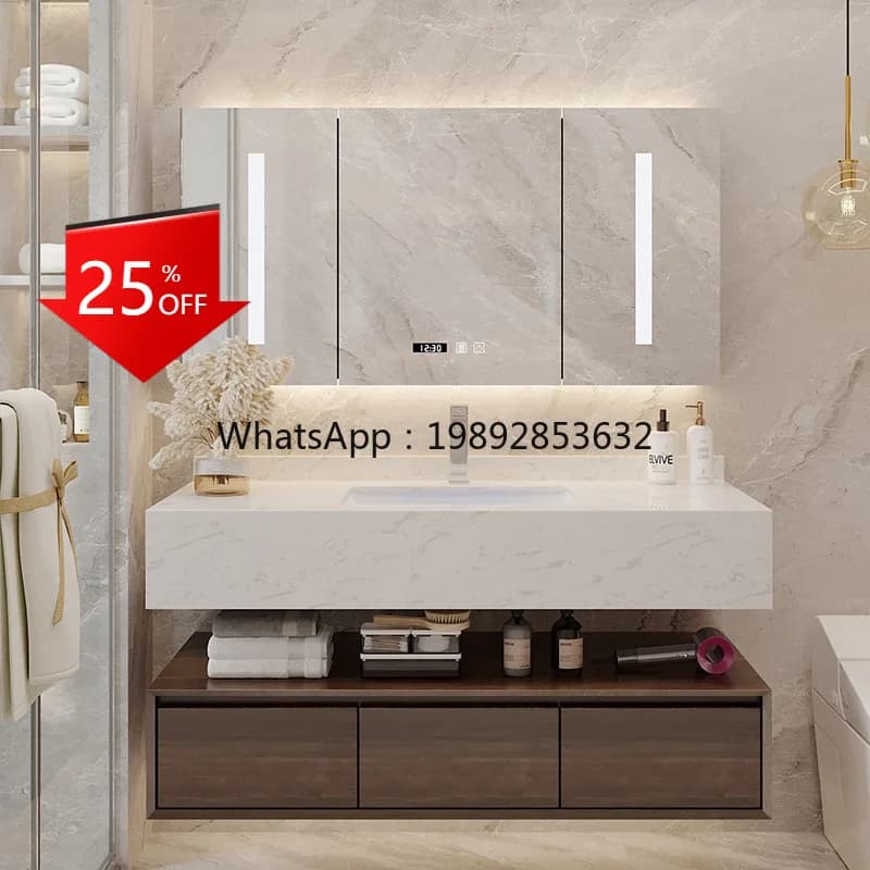 YFY Set di mobili da bagno in legno massello Bagno semplice e moderno Lavabo in marmo Lavabo in ceramica Armadietto a specchio intelligente