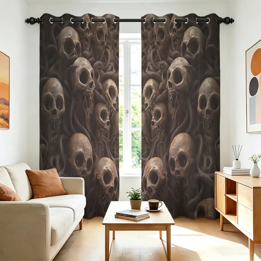 2Pcs Retro Dark Skeleton Vine Pattern Curtains Perforated Hole‑Punch Blackout Privacy Window Drapes For Living Room Bedroom G