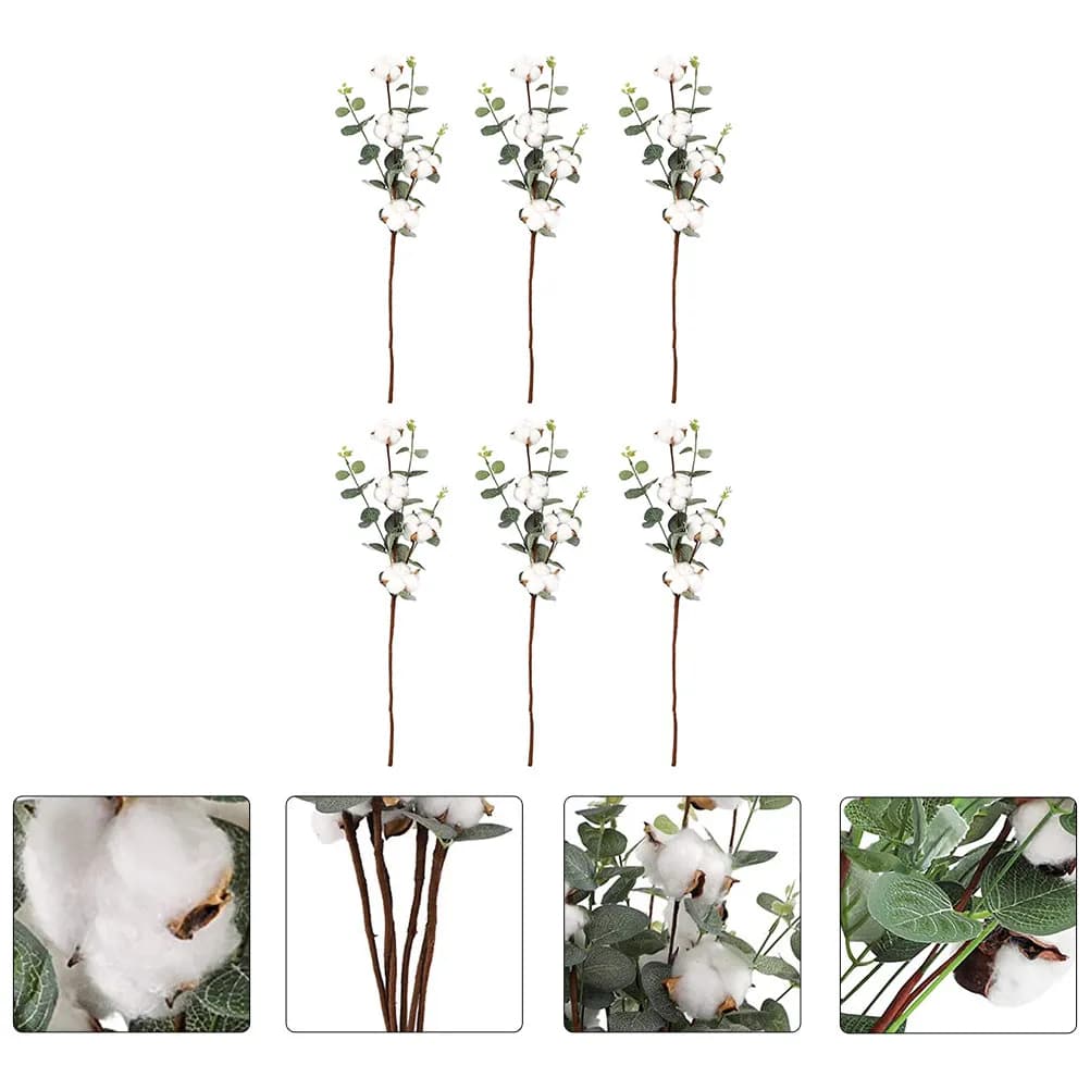 6Pcs Artificial Cotton Plants Set Realistic Simulation Floral Arrangement Material for DIY Home Decor Wedding Vase Wall