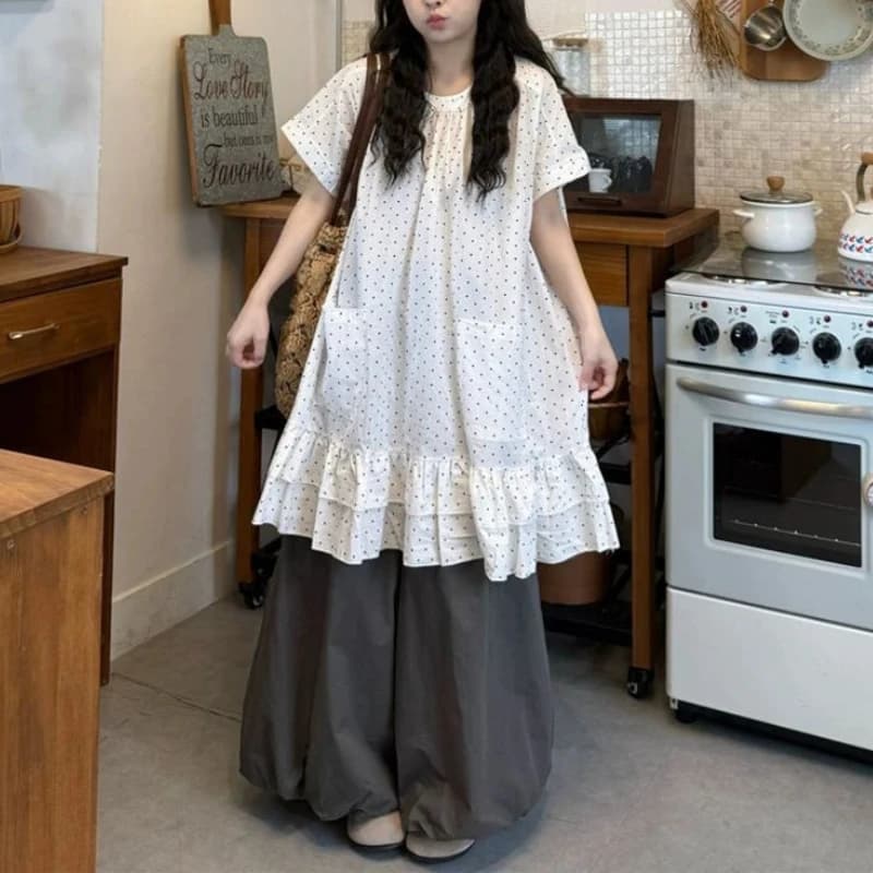 2026 spring new loose lazy style short-sleeved polka dot shirt dress with gentle ruffle edge