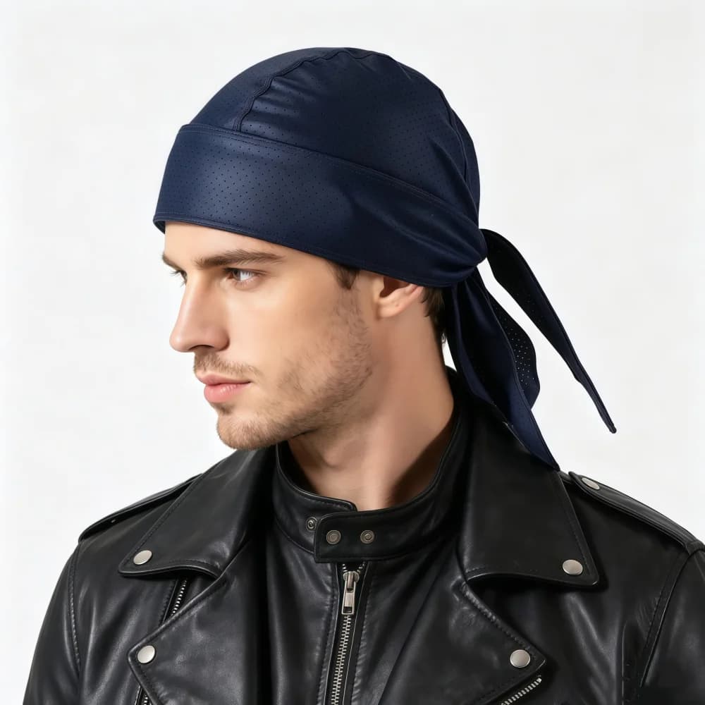 Durag Unisex Blu Navy in Ecopelle con Fori, Turbante Hip Hop con Coda Lunga, Copricapo Traspirante per Uomini e Donne