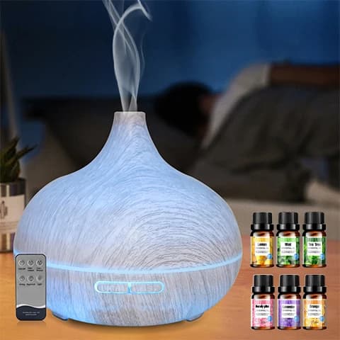 Diffusore di Aromi Effetto Legno 550ml Umidificatore a Ultrasuoni, Telecomando e 6 Oli di Lusso Funzionamento Silenzioso per Relax e