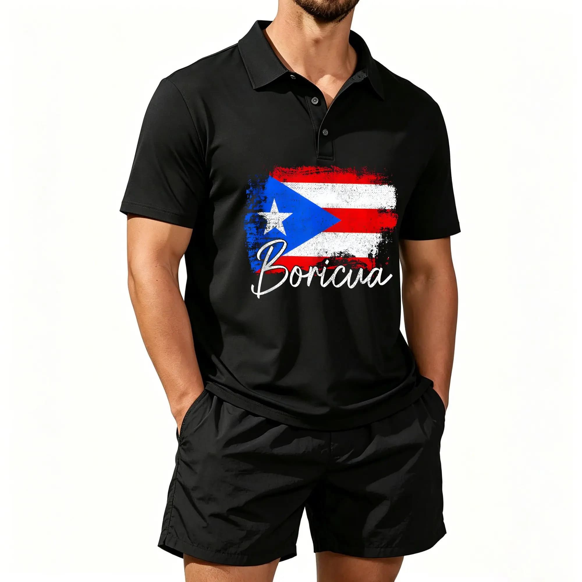 Men's Polo Shirt and Beach Shorts Set with Puerto Rican Flag Print, Casual and Comfortable Fit, Well-Fitted on the Upper Body