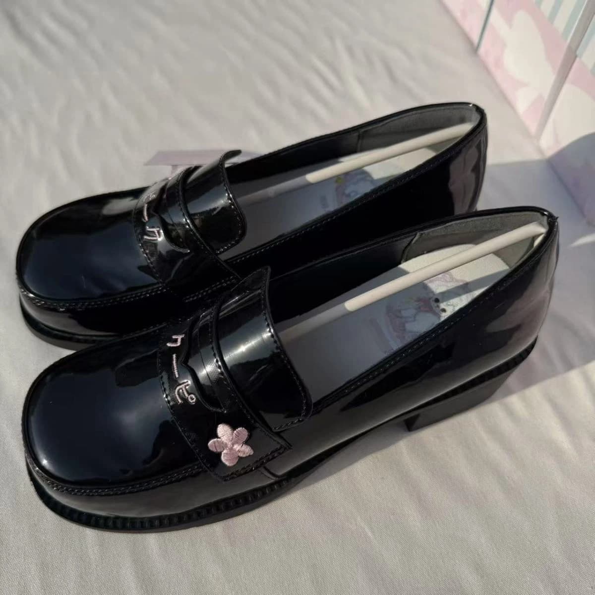 Lovely Japan Style Gilrs Lolita JK Sewing Shoes,Female Students Embroidered Cherry Block Kitten Heels School Loafers