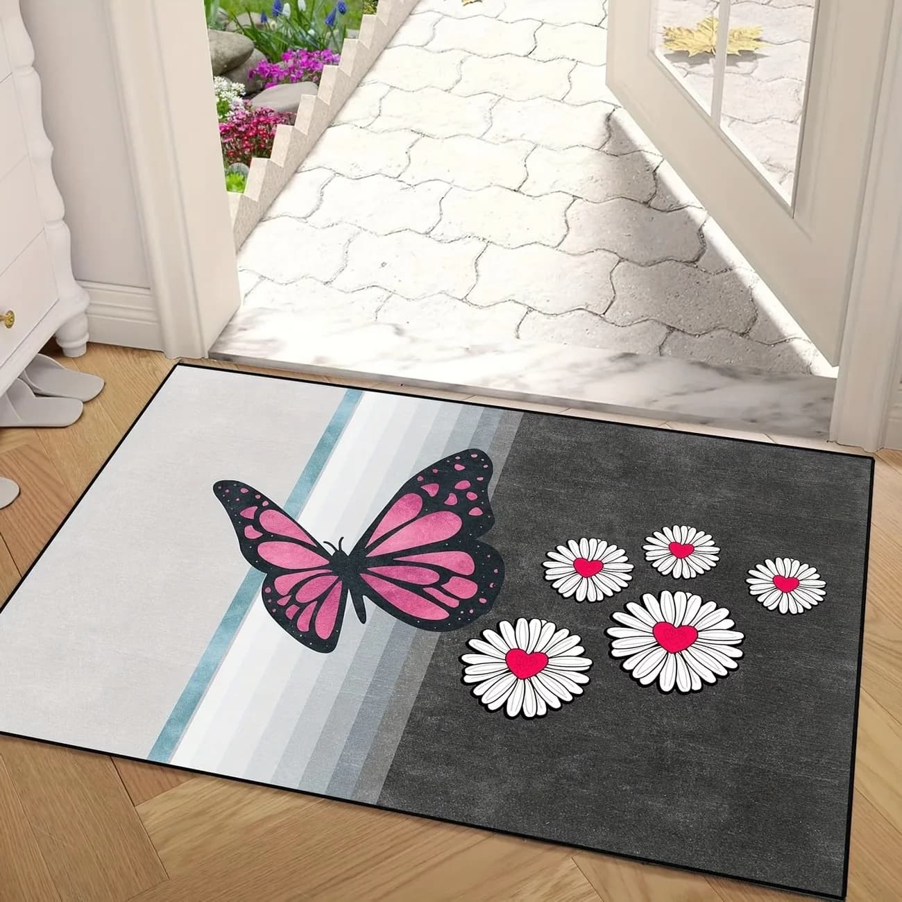 Tappetino da pavimento VIKAMA Butterfly Flower, tappetino antiscivolo per ingresso, per uso interno ed esterno, tappeto decorativo per porta d'ingresso