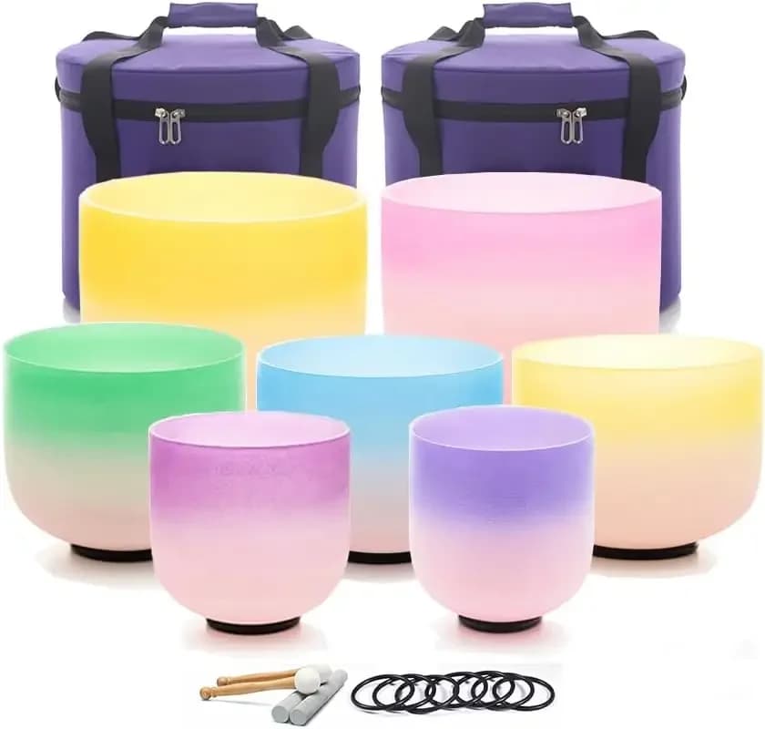 【New】KVKA 7-12 Inch Chakra Frosted Quartz Crystal Singing Bowl Set7 Candy Colored With Cases