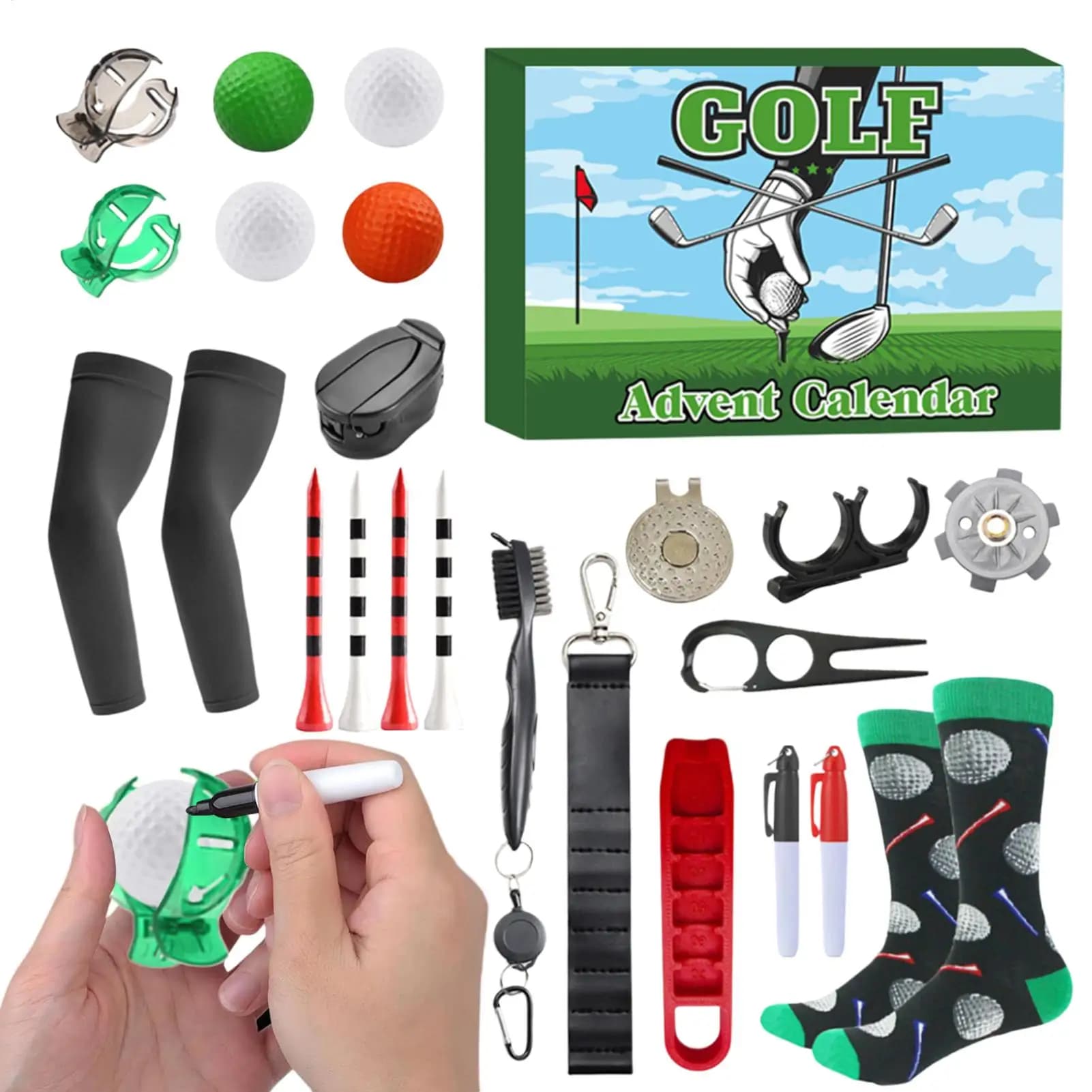 Calendario dell'Avvento da golf Golf 24 giorni Indicatori Tees Balls 24 giorni Confezione regalo per il conto alla rovescia di Natale Sorpresa natalizia creativa per uomo