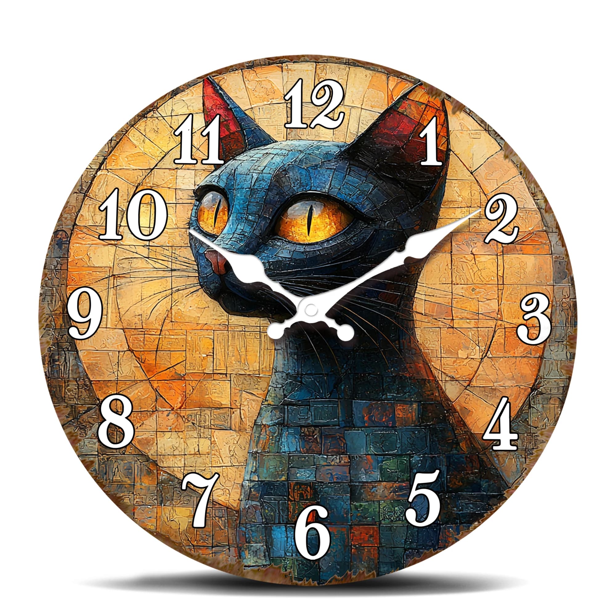 Blue Mosaic Cat Portrait Round Wall Clock, Feline Artistic Design, Decorative Watch, Unique Gift for Cat Lovers, Home Watch