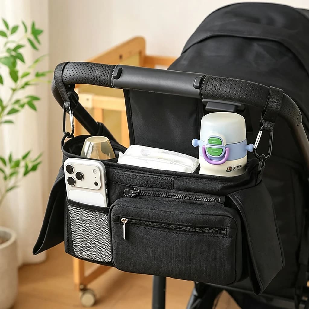 Universal Stroller Caddy Organizer With 2 Insulated Cup Holders Detachable Phone Bag Velcro Straps For Most Baby Pram Pushchairs
