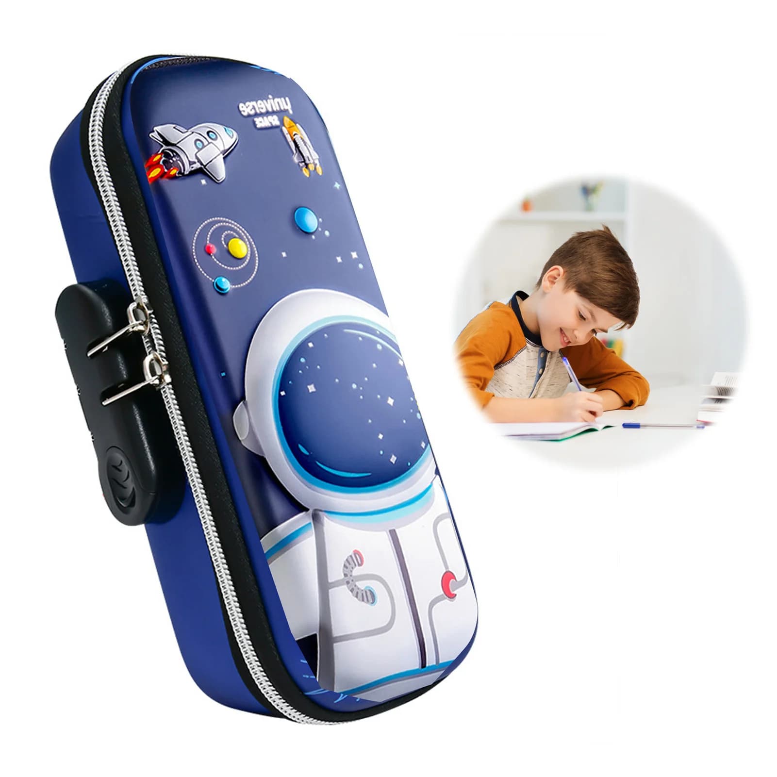 Astuccio scolastico con serratura e codice a combinazione, contenitore organizer in PET di grande capacità per bambini e studenti, con disegni a fumetti.