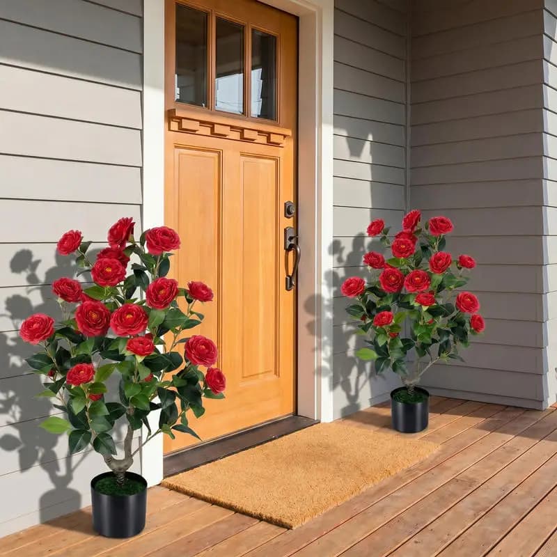 2-Pack Artificial Camellia Tree Faux Flower Plant in Cement-Filled Pot-Red