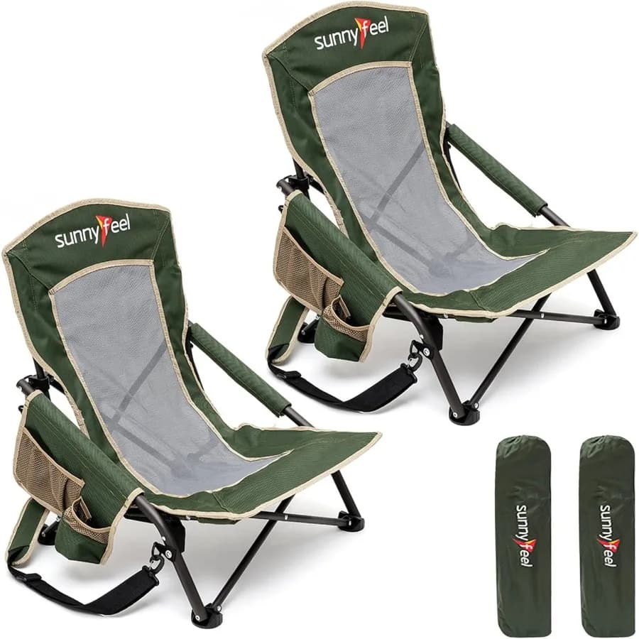 Low Camping Foldable Beach Chair Pack of 2 light portable garden chairs with cup holders with net back for outdoor picnic