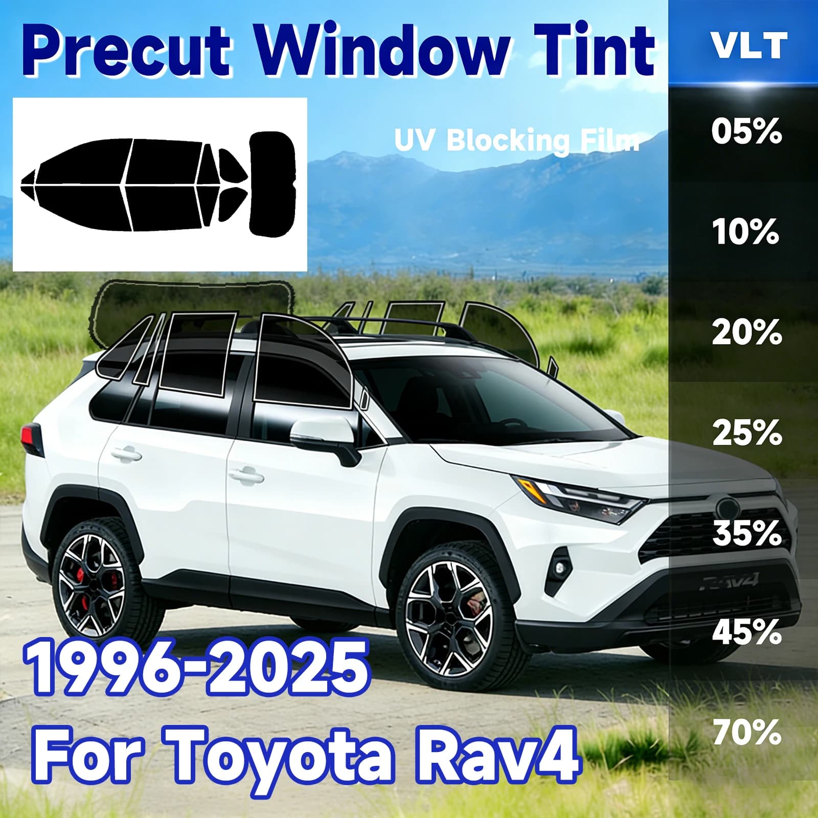 Precut Windows Tint Film Sun Blocking Protection Privacy Anti Shatter Glass 2Ply Film Tint Shade Kit for Toyota Rav4 1996-2025