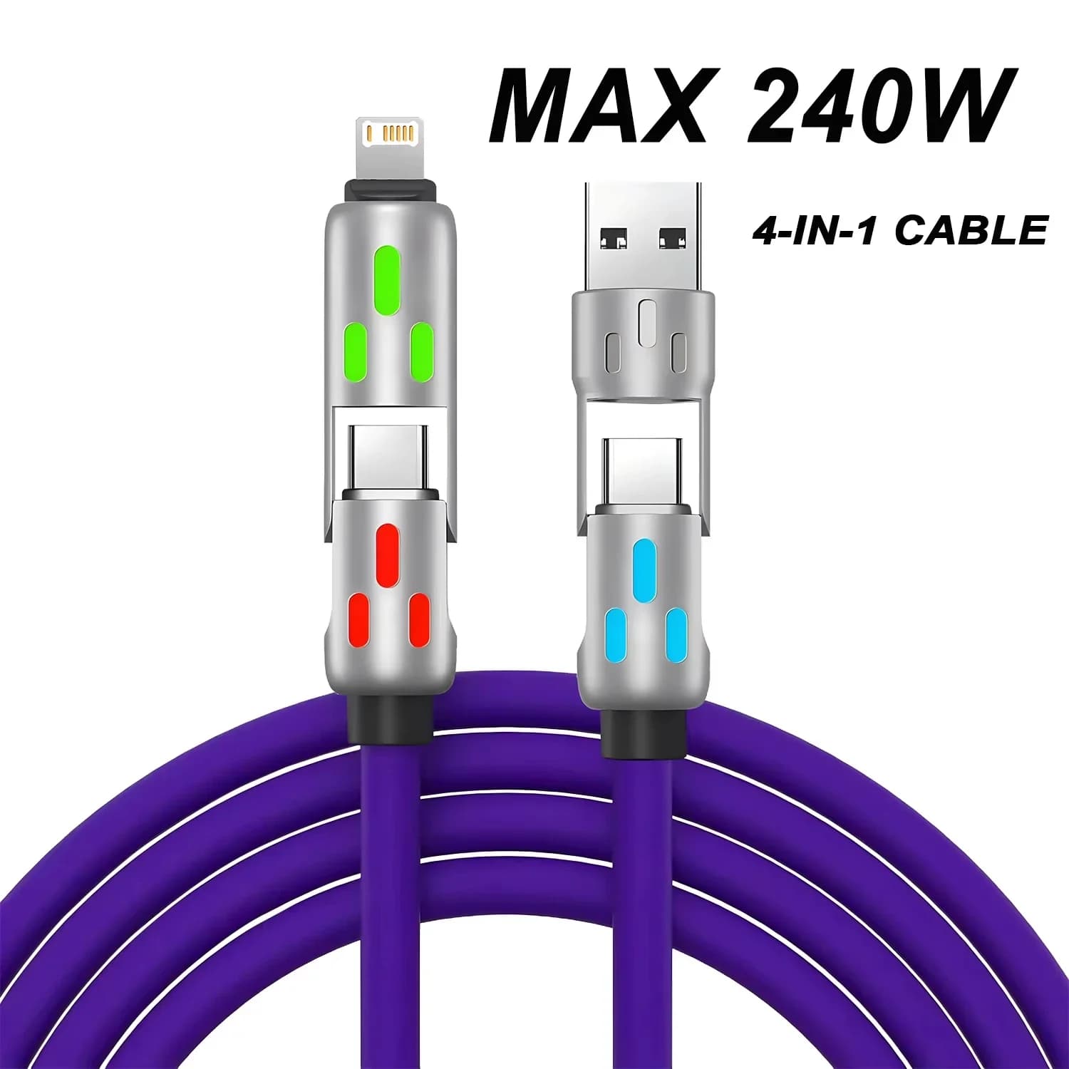 New USB to Type-C 1.2-meter mobile phone 240W fast charging silicone data cable 4-in-1 multi interface rotary adapter