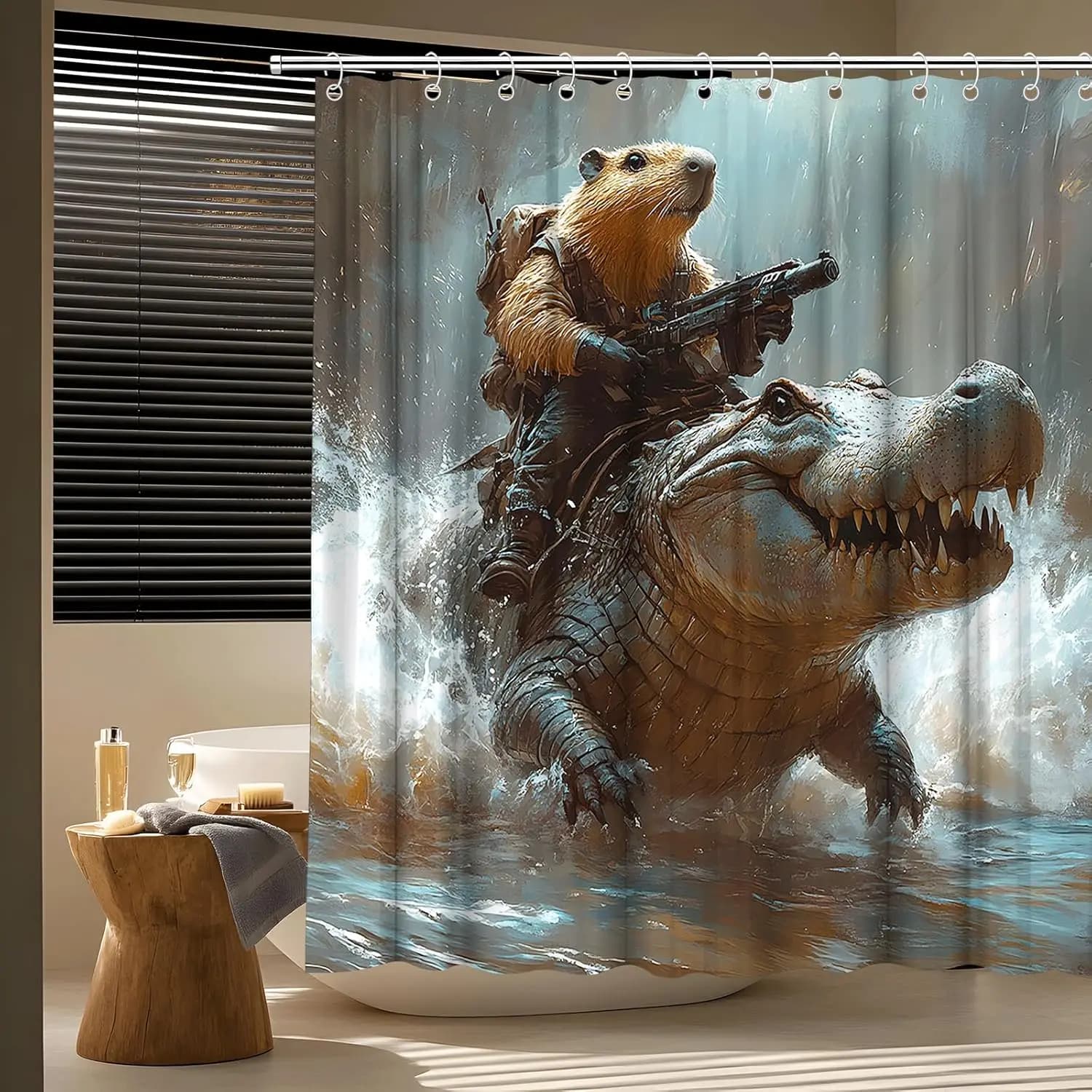 Divertente Tenda da Doccia con Capibara che Cavalca un Coccodrillo, Fantastico Decor con Roditori e Onde Marine, Animale Selvatico Impermeabile e Lavabile
