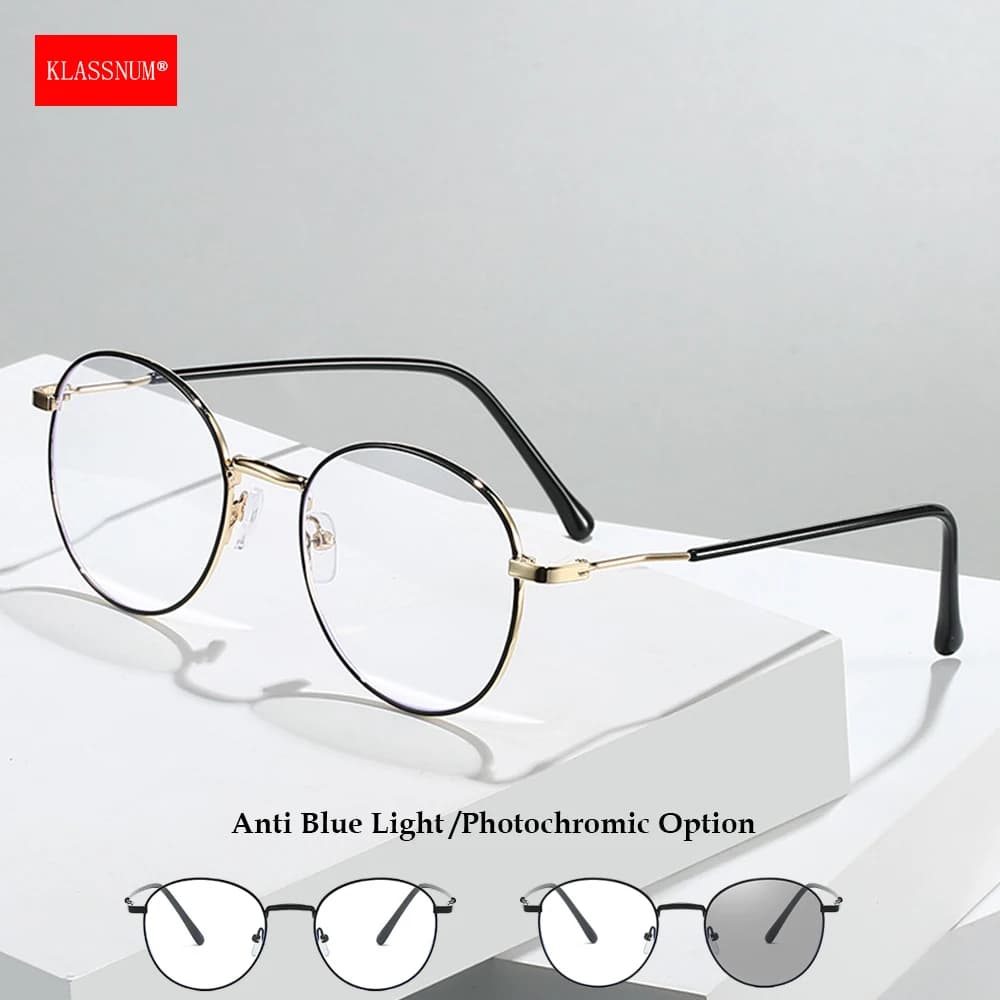KLASSNUM Photochromic Eyepiece Vintage Round Metal Frame Anti Blue Light Glasses Luxury Chameleon Lens for Men Women 2026 Trendy