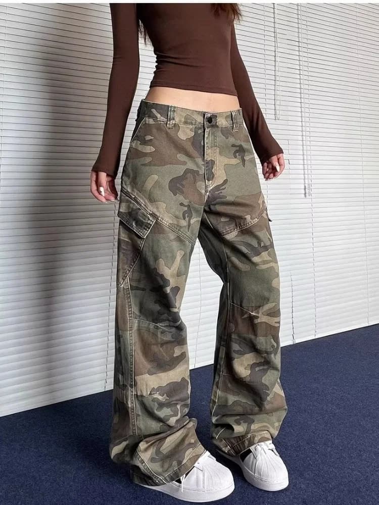 Pantaloni Cargo Baggy Plissettati Camouflage Lavati Stile Streetwear Y2K 2026Cyber per Donna, Abbigliamento Casual
