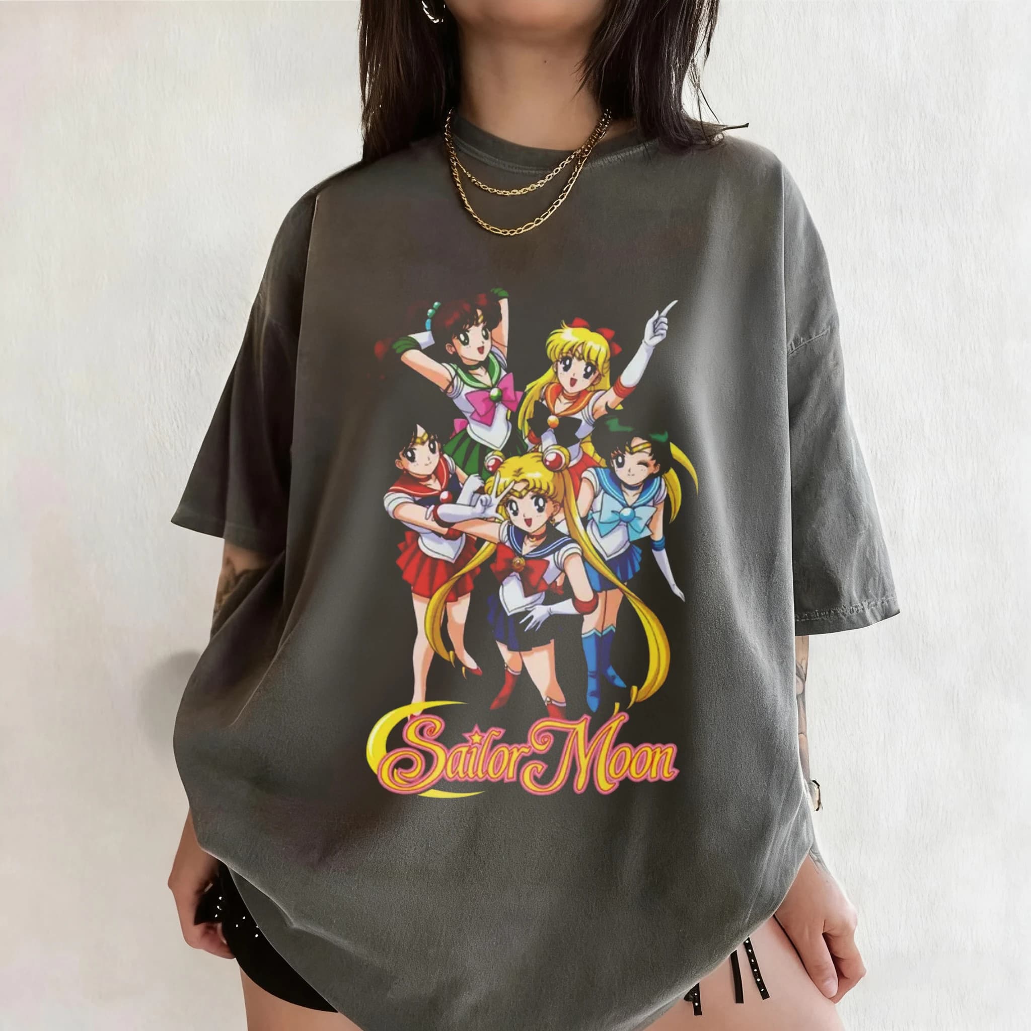 Anime "Sailor Moon" Retro Pattern Summer Cotton T-shirt for Both Men and Women, Street Casual Trendy Short-sleeved Design