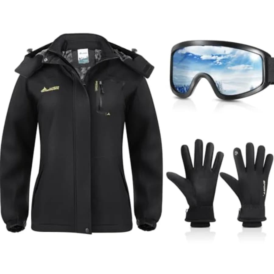 Geyoga Giacca da Sci Impermeabile da Donna, Cappotto Invernale da Neve, Giacca Antivento da Montagna con Occhiali da Sci e Guanti Invernali Impermeabili