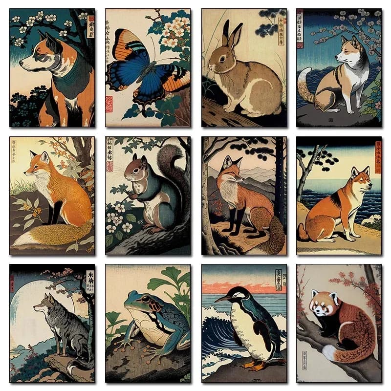 Vintage Japanese Small Animals Poster Squirrel Rabbit Dog Red Panda Canvas Painting Ukiyo-e Wall Art Picture Office Home Deco