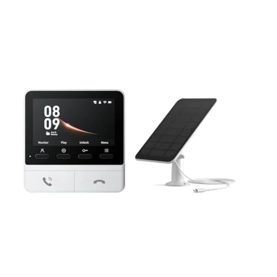 Set di accessori per videocitofono con monitor aggiuntivo e pannello solare per la sicurezza domestica, in plastica ABS nera, senza abbonamento richiesto.