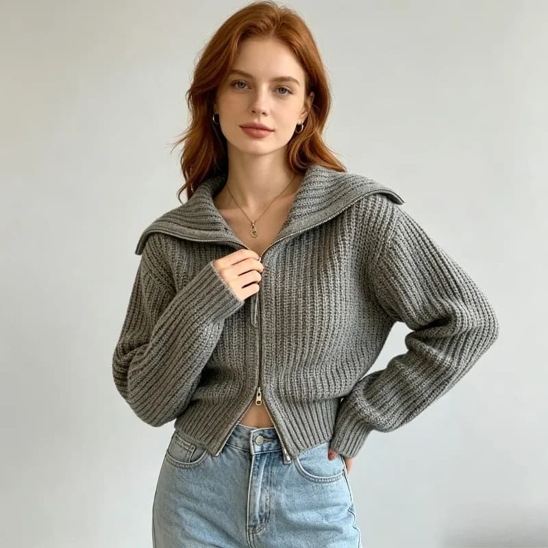 Fashion Solid Color Short Casual Double Zipper Knitted Sweater Spring and Autumn Street Style Korean Versatile Women's Coat New
